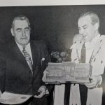 Photograph of William Scobbie receiving the scroll of the Freedom of the Burgh from Lord Provost William Ferguson