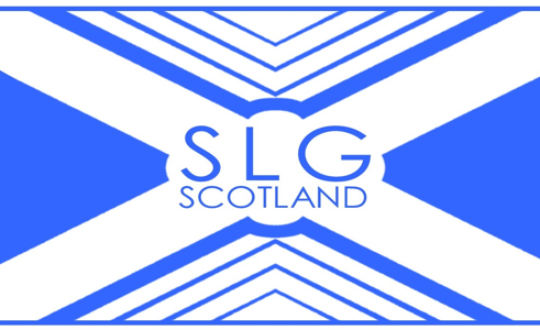 The SLG Scotland logo, with blue text at the heart of a Saltire-style flag