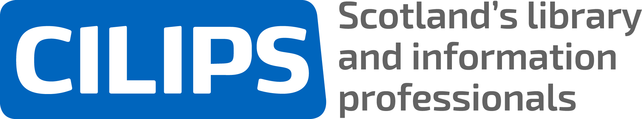 The CILIP Scotland logo with white letters in a blue rectangle and text reading 'Scotland's Library and Information Professionals'.