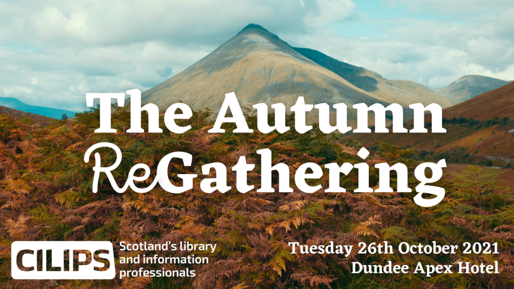 The Autumn ReGathering programme logo, with white text in front of an autumnal Scottish mountain scene