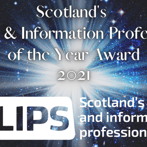 The Scottish Library and Information Professional of the Year Award graphic, showing the CILIPS logo in white in front of a blue, black and white background of a solar galaxy