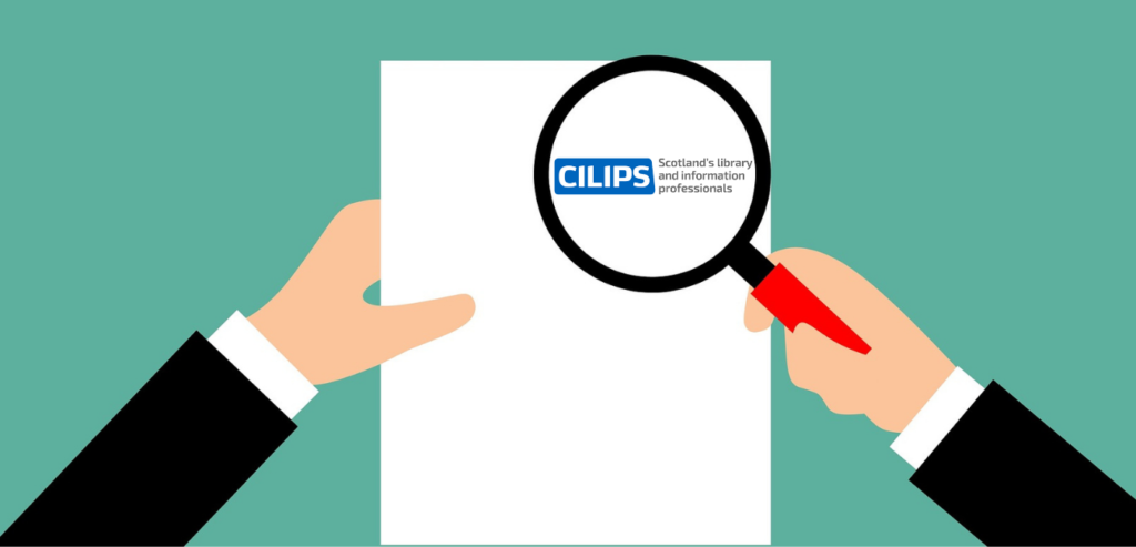 A graphic of a researcher showing two hands holding a piece of paper and a magnifying glass with the CILIPS logo underneath it