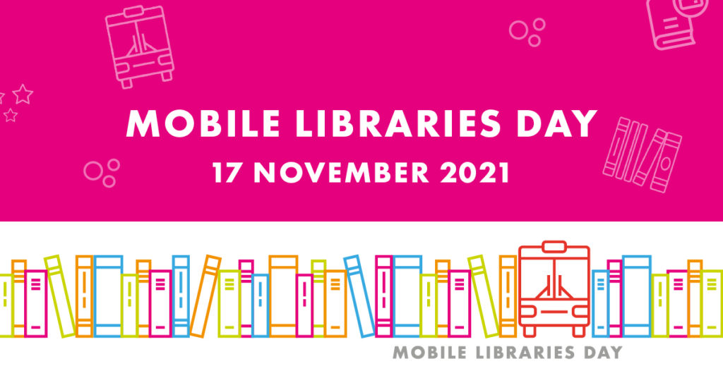 The Mobile Libraries Day logo - white text on a pink background with illustrations of books and a mobile library van underneath