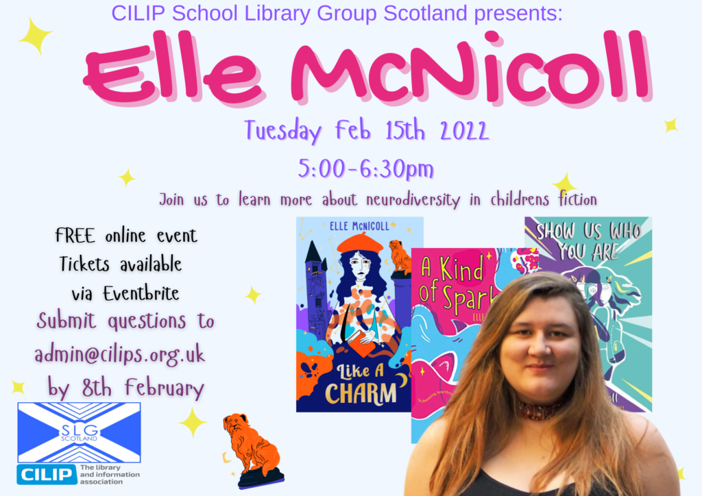 The event logo for SLG Scotland presents an evening with Elle McNicoll, showing a photo of Elle with her three book covers.