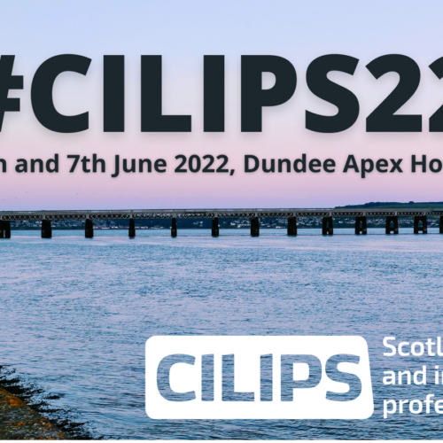 The CILIPS22 logo, showing the Dundee waterfront at sunset