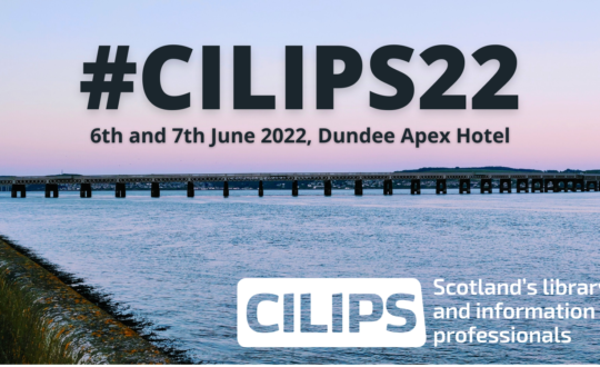 The CILIPS22 logo, showing the Dundee waterfront at sunset