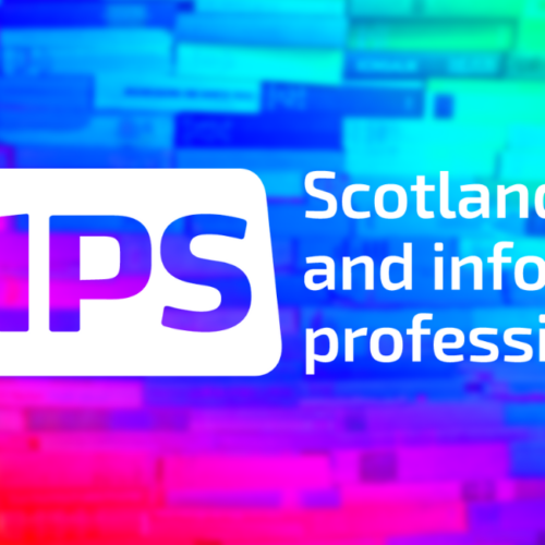 The CILIP Scotland logo in white with a rainbow book background