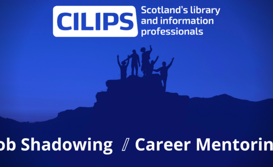 The CILIPS Job Shadowing / Career Mentoring logo with white text and a silhouette showing people celebrating after having climbed to the top of a mountain