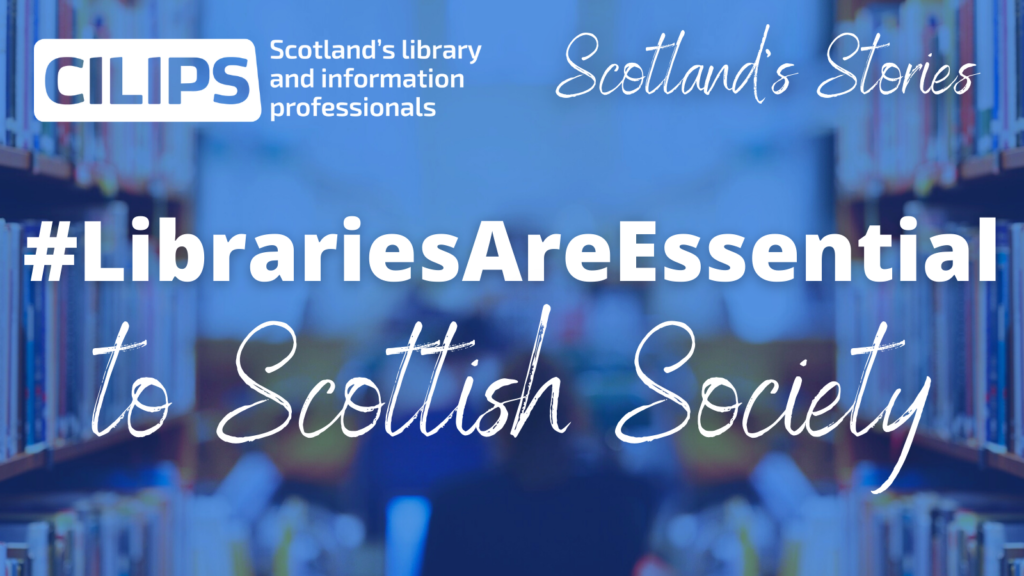 #LibrariesAreEssential Scotland's Stories 'Society' logo, with white text on a blue library background