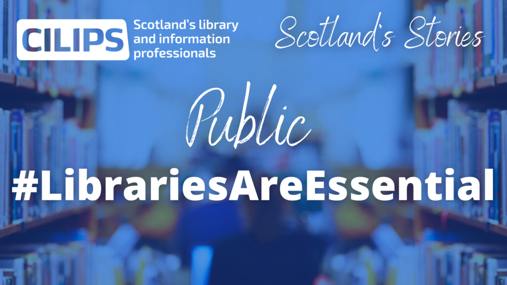 Public #LibrariesAreEssential Scotland's Stories logo, with white text on a blue library background