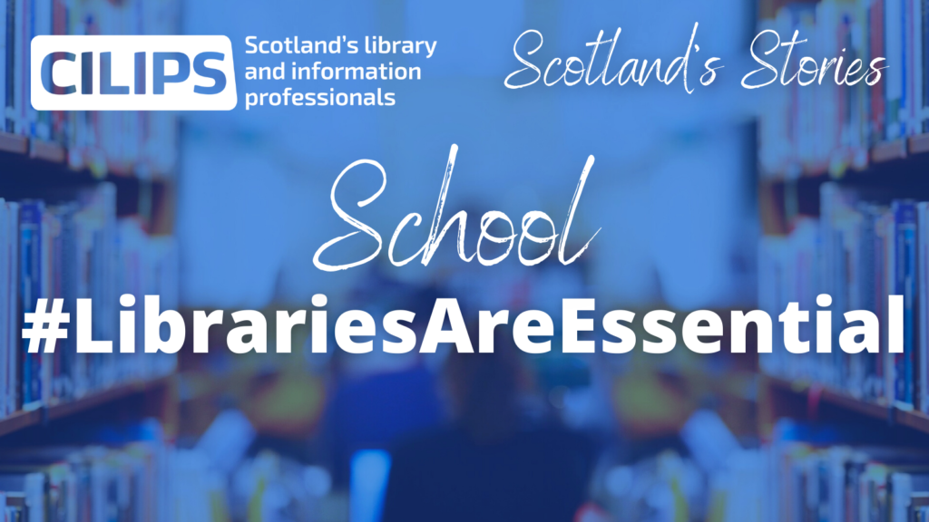 School #LibrariesAreEssential Scotland's Stories logo, with white text on a blue library background