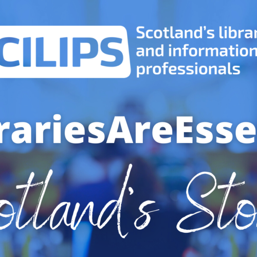 #LibrariesAreEssential Scotland's Stories logo, with white text on a blue library background