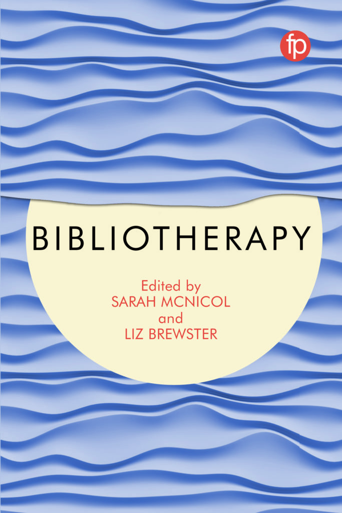 The Bibliotherapy book cover, showing a crescent sunrise shape on an illustrated wavy sea