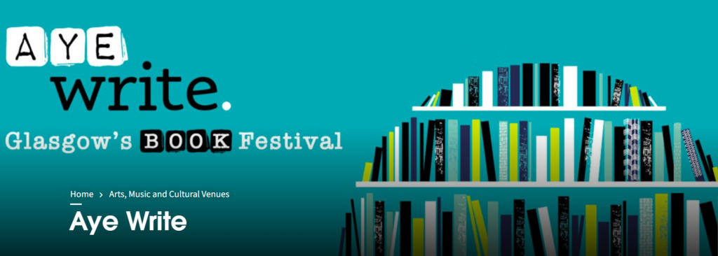 The Aye Write Festival 2022 logo, with a teal background and illustration of bookshelves