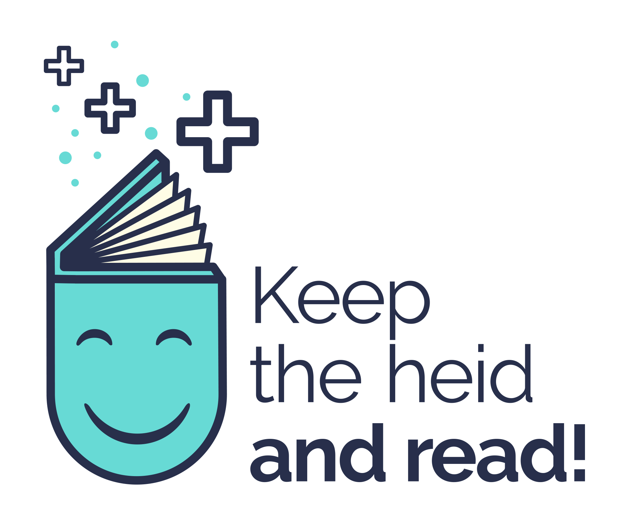 The Keep the heid and read! logo, showing a book with a smiling face