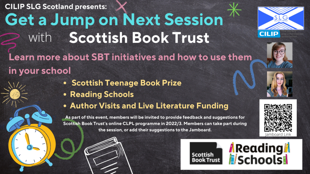 The logo for SLGS presents 'Get a Jump on Next Session with Scottish Book Trust', taking place online on 15th June at 5pm.