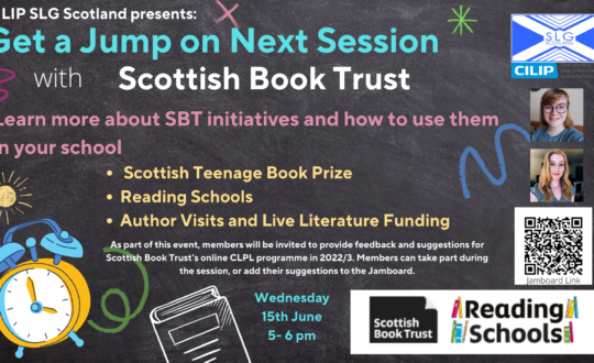 The logo for SLGS presents 'Get a Jump on Next Session with Scottish Book Trust', taking place online on 15th June at 5pm.