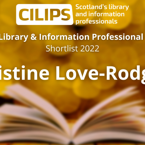 The Scotland's Library & Information Professional of the Year Award logo, with a gold background and an open book, reading 'Shortlist - Christine Love-Rodgers'.