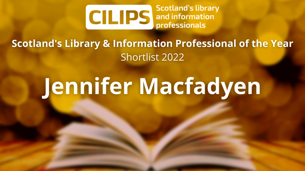 The Scotland's Library & Information Professional of the Year Award logo, with a gold background and an open book, reading 'Shortlist - Jennifer Macfadyen'.