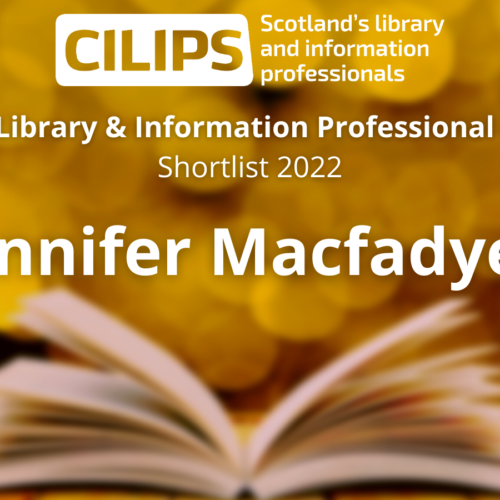The Scotland's Library & Information Professional of the Year Award logo, with a gold background and an open book, reading 'Shortlist - Jennifer Macfadyen'.