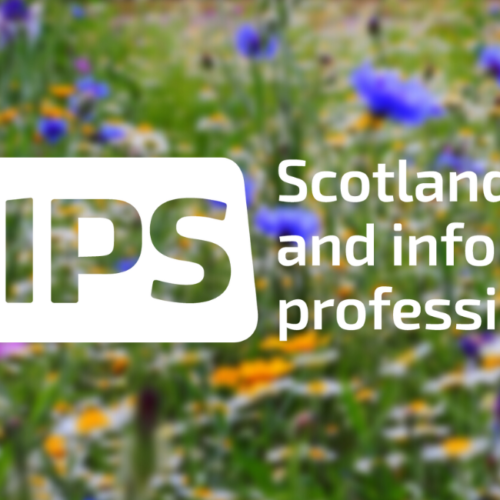 The CILIPSGoGreen logo, showing CILIPS Scotland's library and information professionals in white with a green, purple, yellow and pink wildflower meadow background.