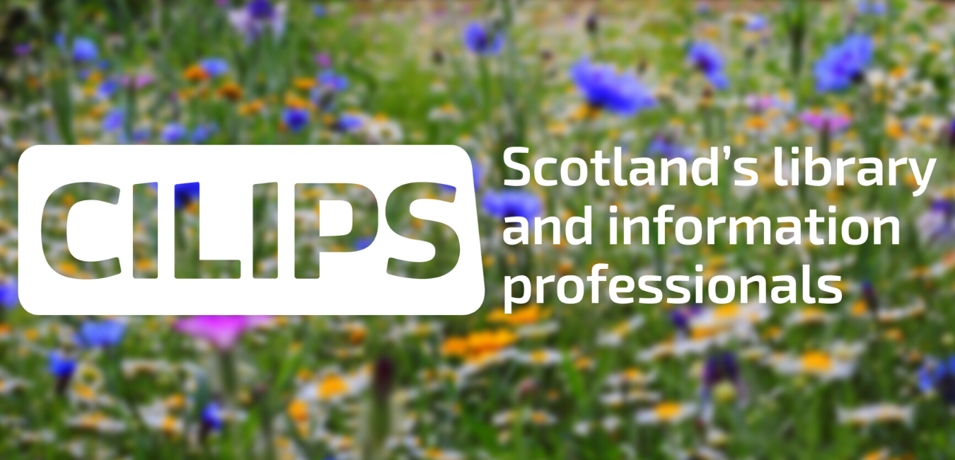 The CILIPSGoGreen logo, showing CILIPS Scotland's library and information professionals in white with a green, purple, yellow and pink wildflower meadow background.