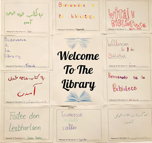A poster reading 'Welcome to the library' with the phrase written in many different languages.