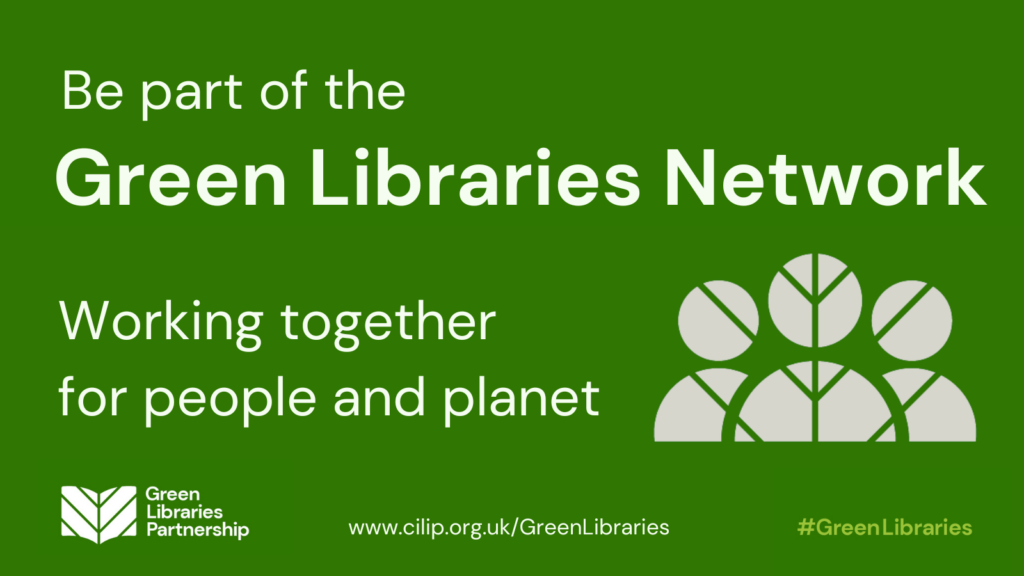 The Green Libraries Network logo, with white text on a green background reading 'Working together for people and planet' with a graphic of three figures stylized from leaf stems.