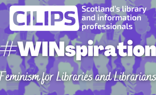 The #WINspiration logo with white text reading 'Feminism for libraries and librarians' and a background illustration of a crowd of women in purple and green.