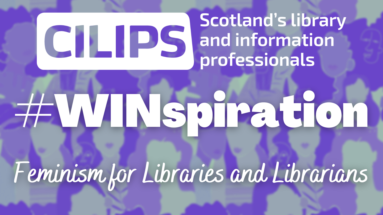 The #WINspiration logo with white text reading 'Feminism for libraries and librarians' and a background illustration of a crowd of women in purple and green.