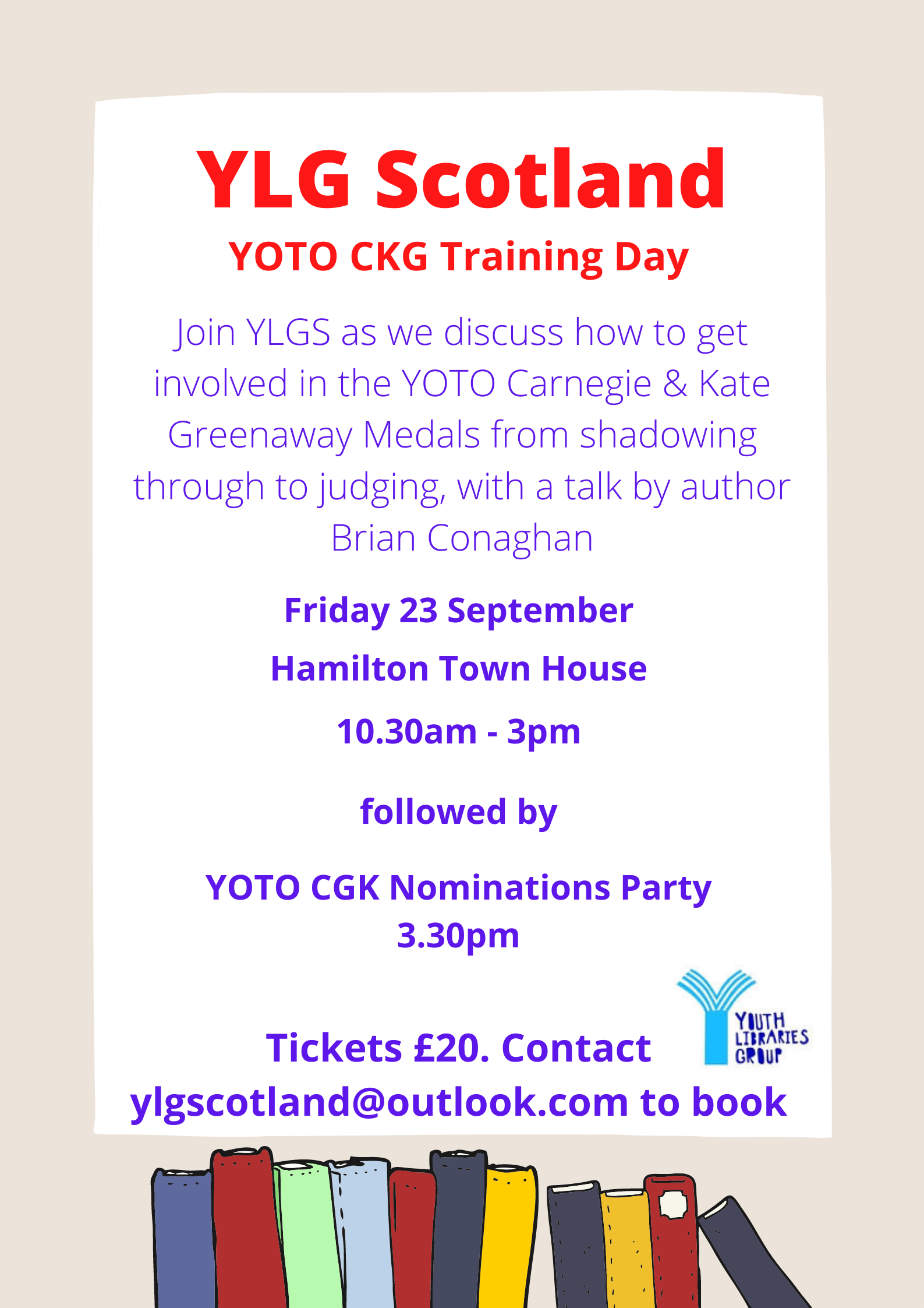 The poster for YLG Scotland's YOTO CKG Training Day at Hamilton Town House Library, 10.30am - 3pm. Tickets £20, contact ylgscotland@outlook.com to book.