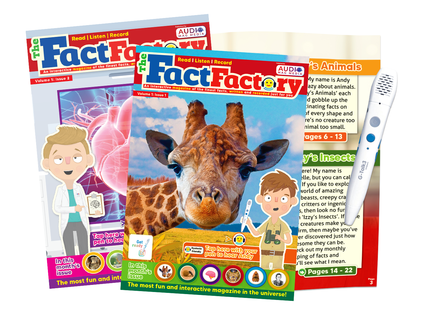 The Fact Factory magazine for children, showing a magazine cover with a cartoon child and a giraffe and a digital pen that relays the audio version of the magazine text.