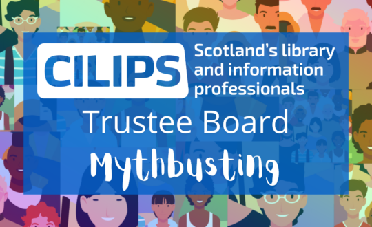 CILIPS Trustee Board Mythbusting, with white text in a blue rectangle and a background illustration showing a diverse crowd.