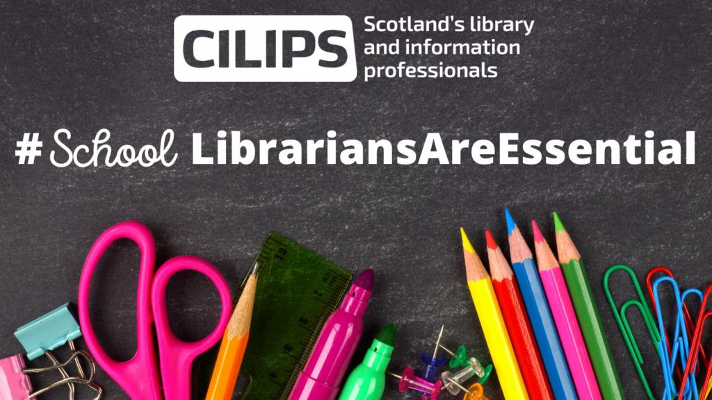 #SchoolLibrariansAreEssential in white on a blackboard background with a border of school tools like pencils and paperclips.