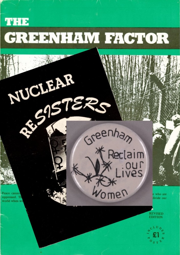 Anti-nuclear artefacts at Glasgow Women's Library, including leaflets, posters and badges.