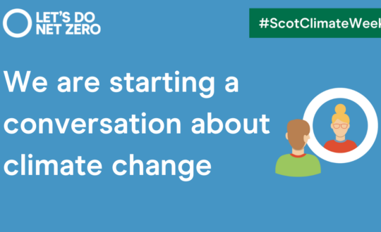 Scotland's Climate Week 2022 - 'We are starting a conversation about climate change' with two people looking at each other through a circular window.
