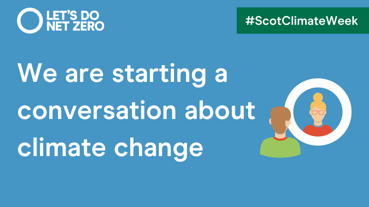 Scotland's Climate Week 2022 - 'We are starting a conversation about climate change' with two people looking at each other through a circular window.