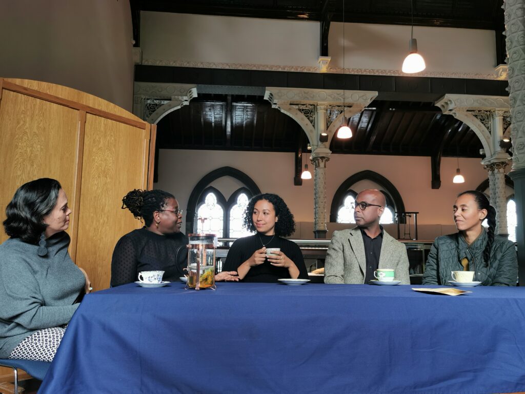 Unsweetened Conversations; Left to right: Annalee Davis, Dr. Peggy Brunache, Ashanti Harris and the Artisan Growers, Robert and Michelle Sullivan participating in Unsweetened Conversations.