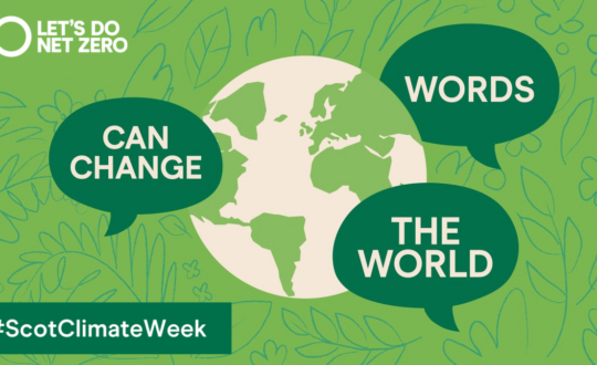 #ScotClimateWeek Words Can Change the World showing a graphic of the world with speech bubbles around it.