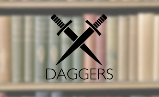 The Crime Writers' Association Daggers logo, showing two crossed daggers in front of bookshelves.