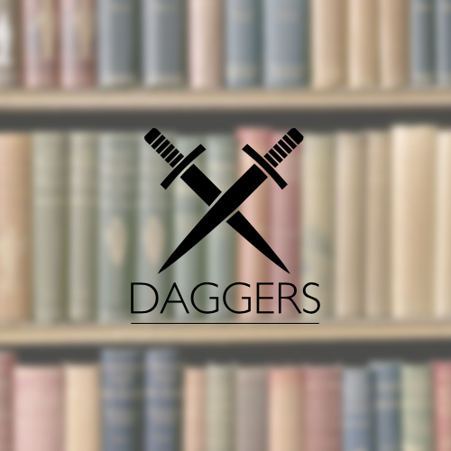 The Crime Writers' Association Daggers logo, showing two crossed daggers in front of bookshelves.