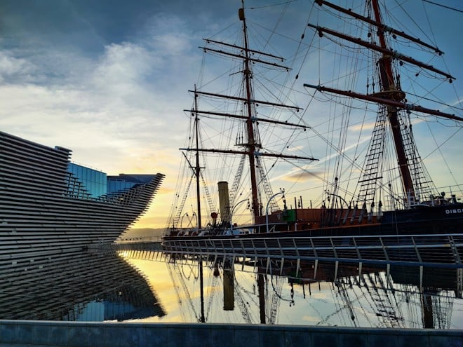 The V&A Dundee and a tall ship on the Dundee waterfront.