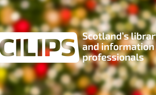 The CILIP Scotland logo with a Christmas red, gold and green background.