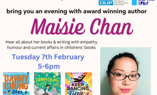 SLG and YLG Scotland bring you an evening with award winning author Maisie Chan, Tuesday 7th February, 5-6pm. With a photograph of Maisie and three of her children's books.