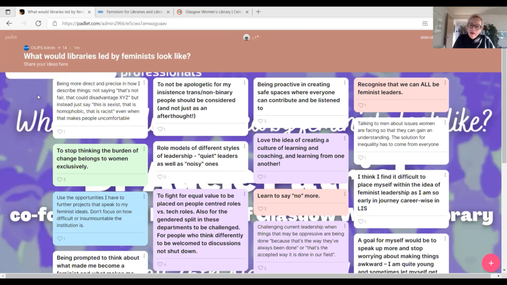 What would libraries led by feminists look like? A padlet activity chaired by Dr Adele Patrick, showing multicoloured digital notes with participant comments.