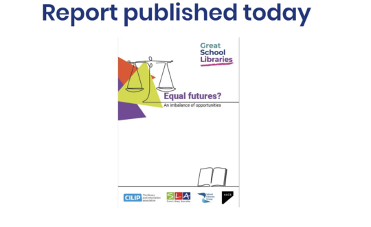 Screenshot of Great School Libraries website. With PDF file of 2023 report underneath title saying "Report Published Today."