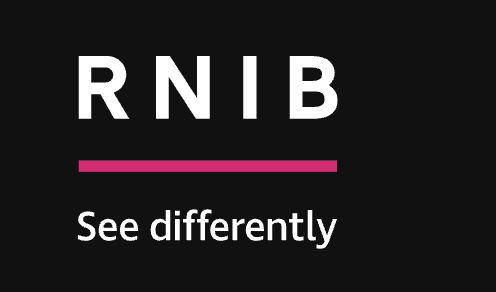 RNIB Logo, white letters on black backdrop with pink line. Text underneath reading "See differently."