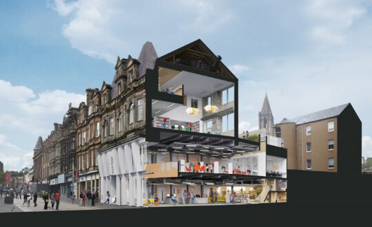 Mock up of the new structure for the Paisley Central Library. Cross section of the building exposed showing three floors and users within.
