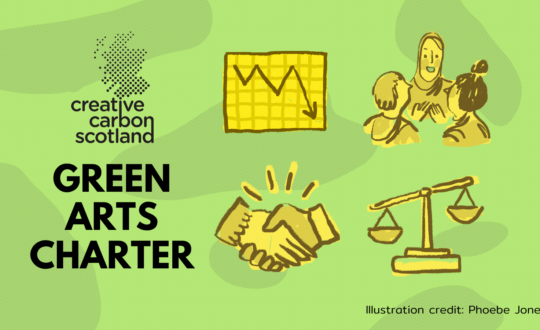 Creative Carbon Scotland: Green Arts Charter. Showing a green background with four yellow illustrations: a graph, three people conversing, a handshake and scales representing climate justice.