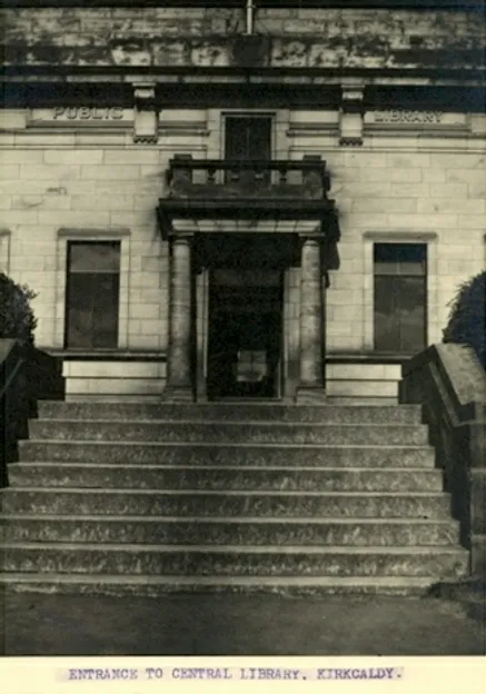 A black and white photograph of the entrance to Kircaldy Central Library.